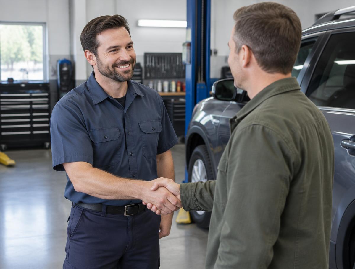 Shop owner shaking hands with a customer beside a vehicle in the garage