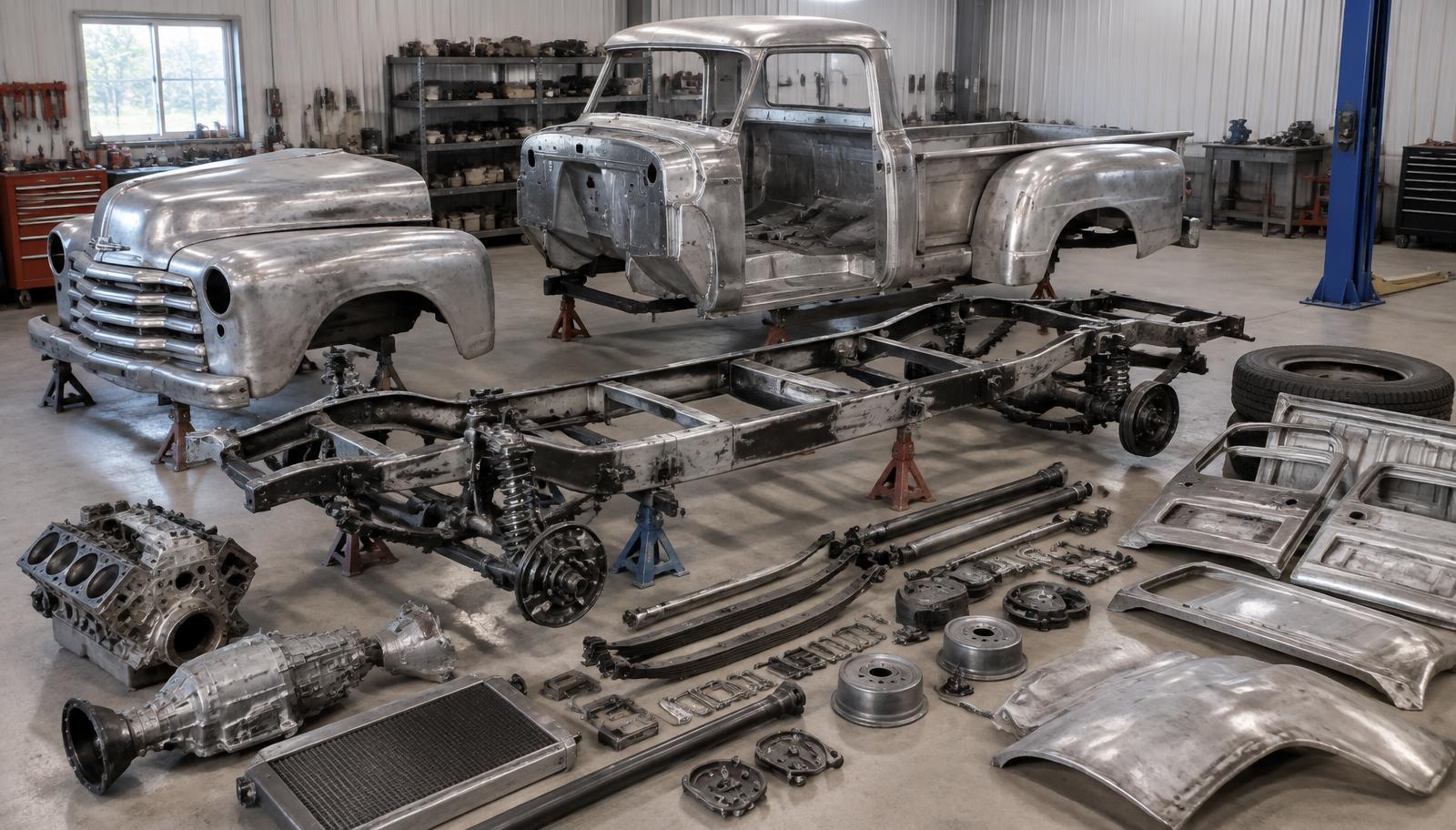 Vintage pickup truck disassembled to bare metal during a frame off restoration