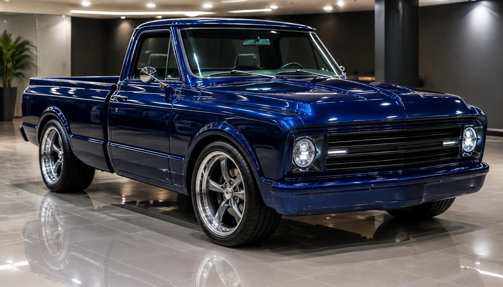 Freshly polished custom pickup truck under bright showroom lighting