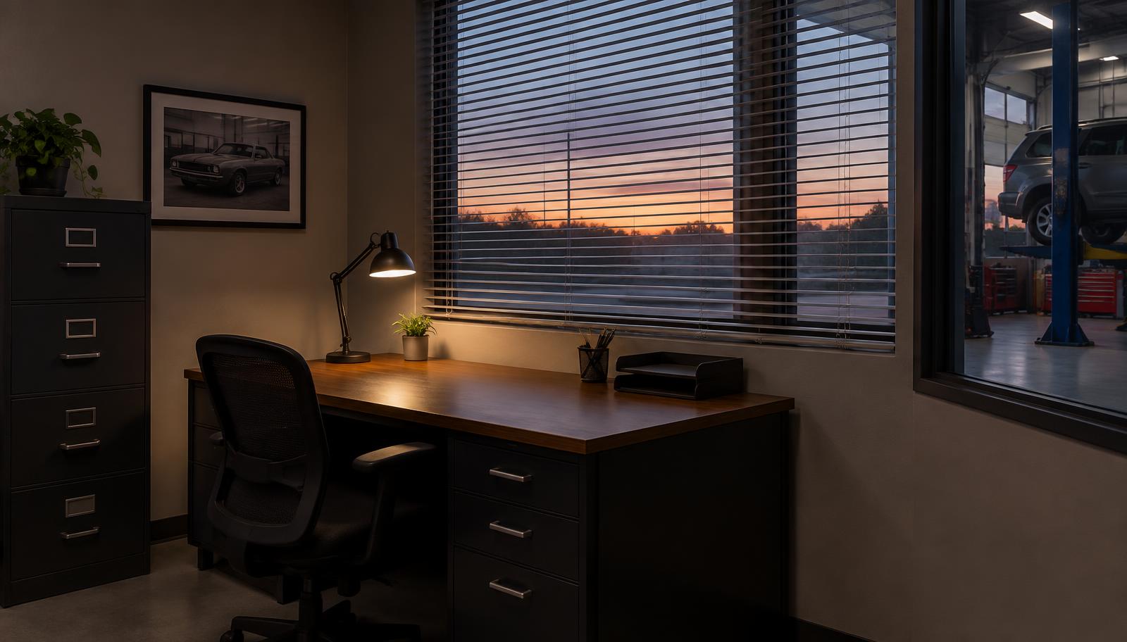 Clean organized office desk with paperwork and a pen at an auto repair business