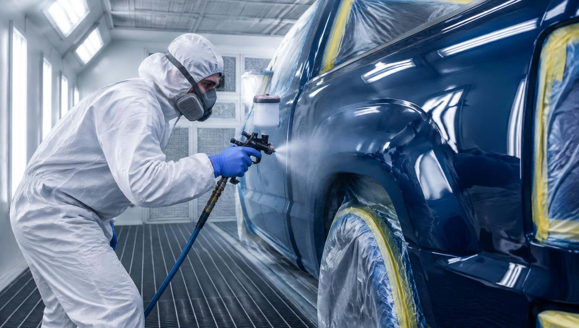 Auto body technician spraying fresh paint on a pickup truck panel in a spray booth