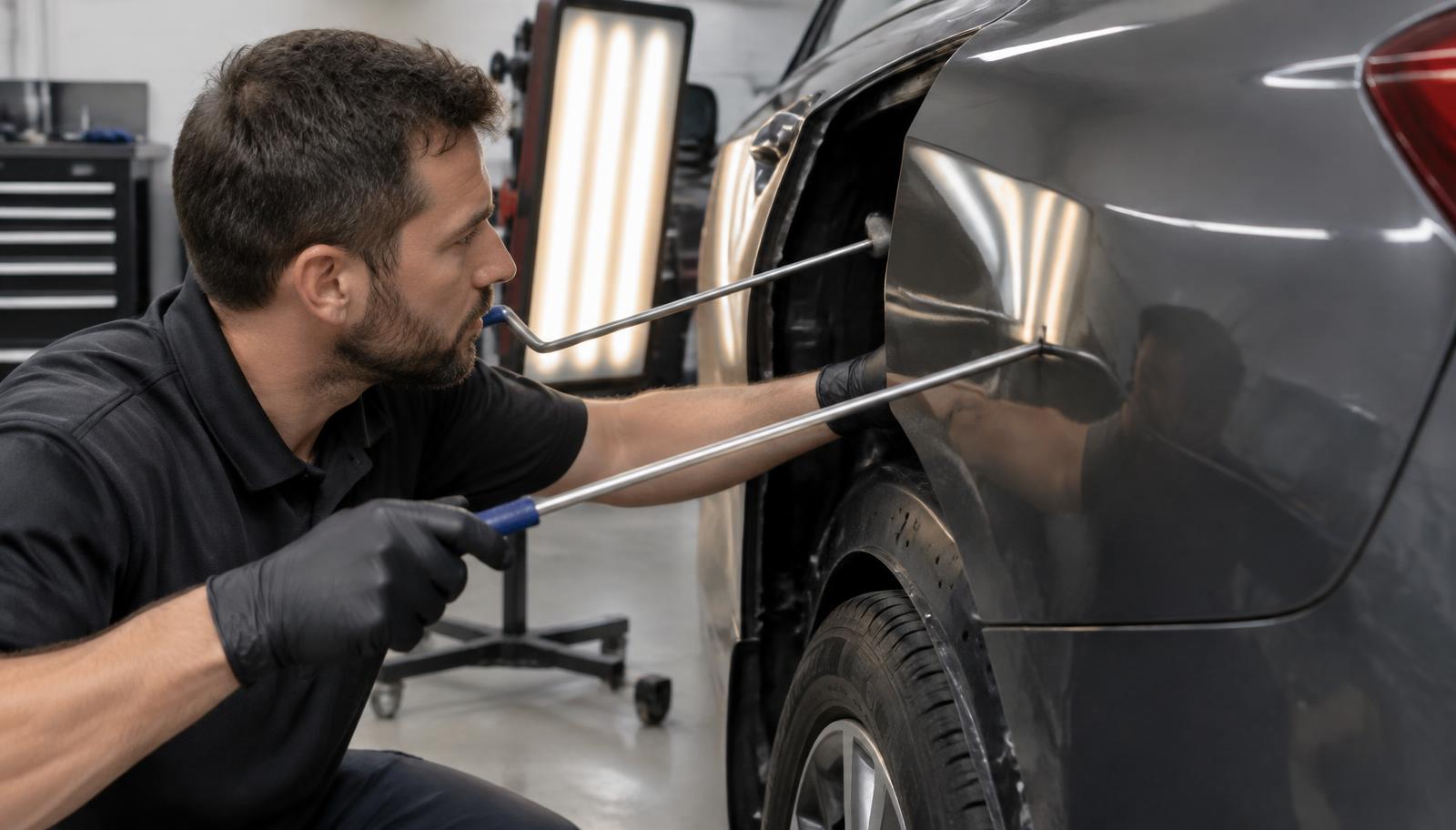 Technician using paintless dent repair rods behind a car quarter panel