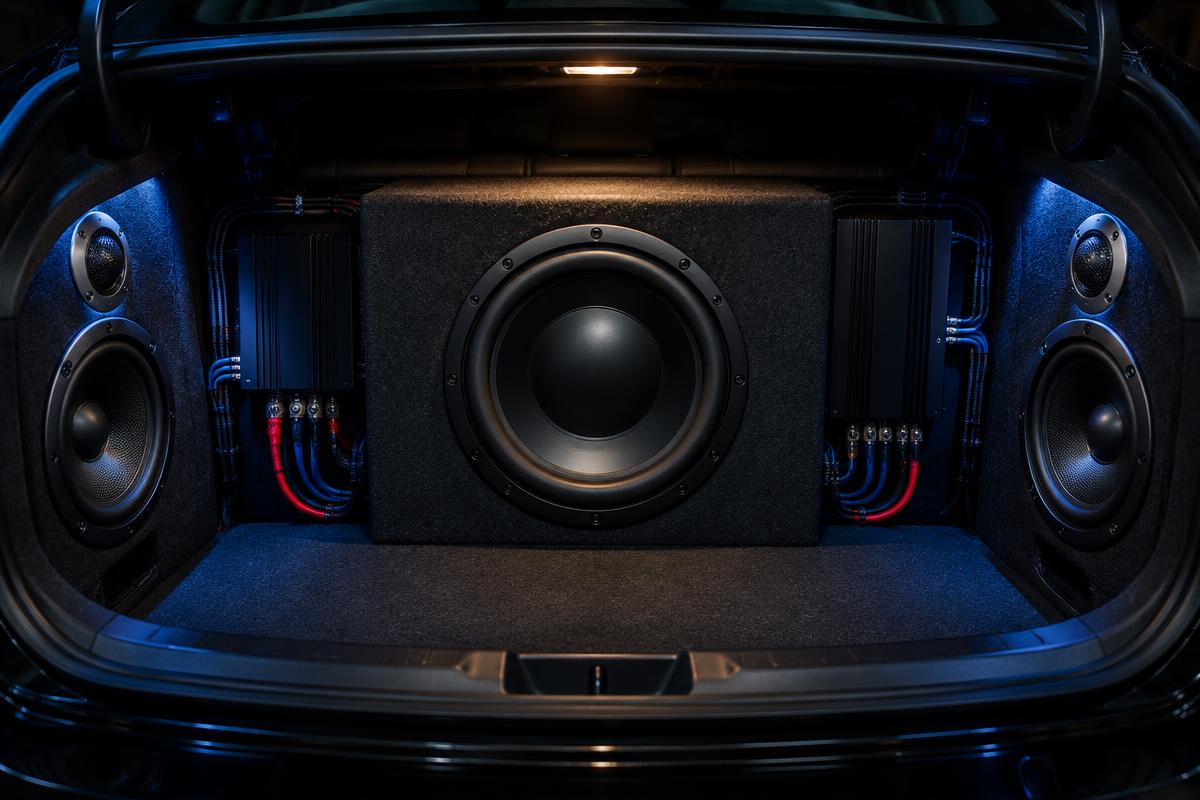 Custom car audio install with subwoofer enclosure and amplifiers