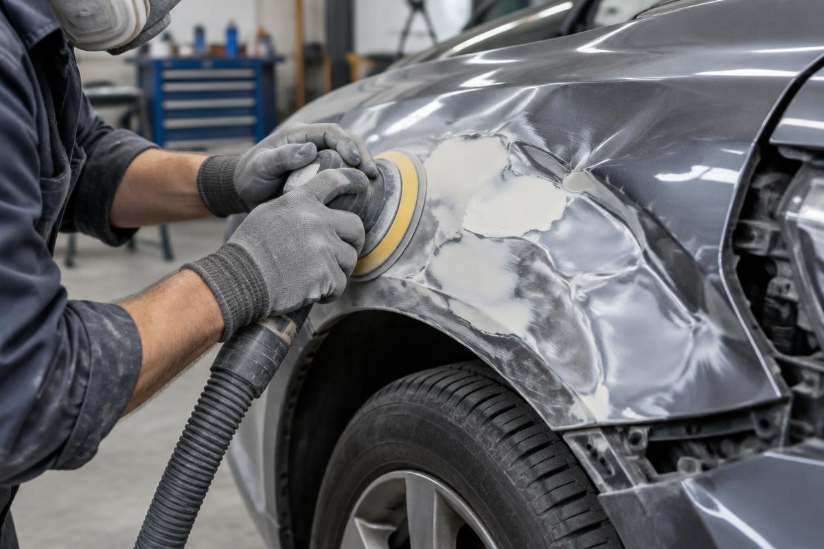 Technician sanding a damaged car fender during collision repair
