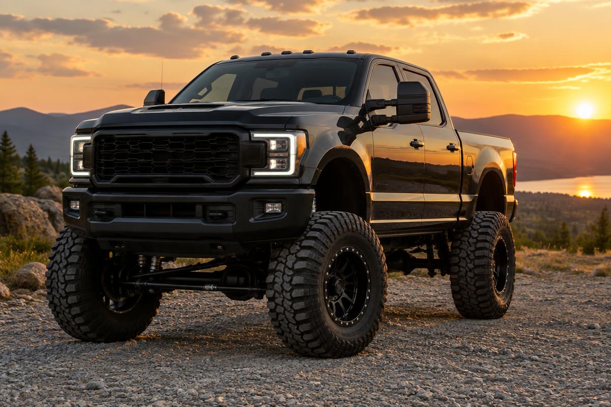 Lifted black pickup truck on oversized off road tires at sunset