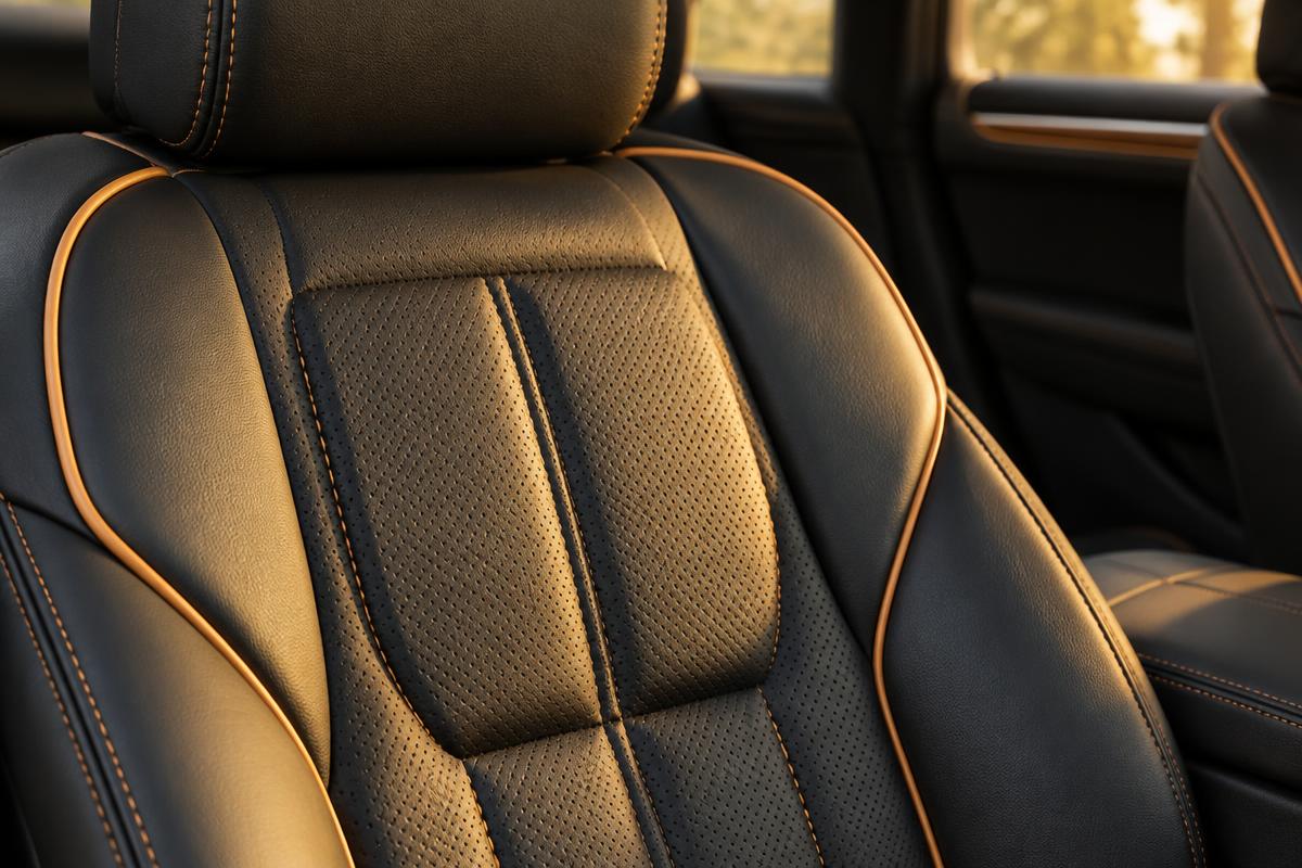 Custom stitched leather vehicle seat with contrast piping