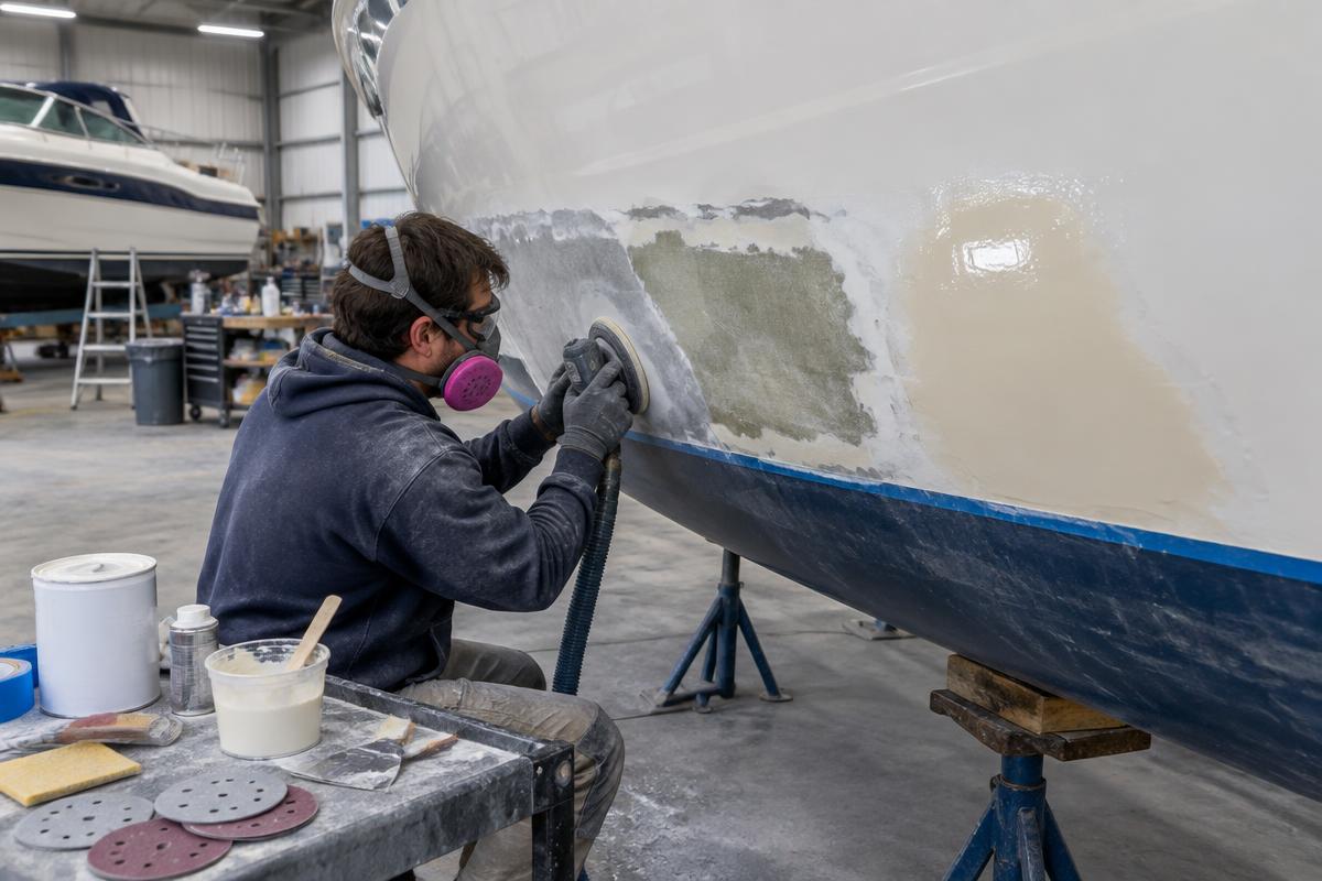 Technician sanding gel coat on a fiberglass boat hull in a marine shop