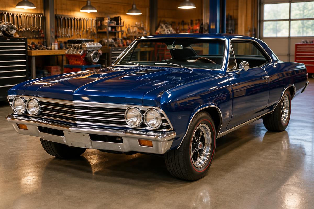Restored classic muscle car with deep blue paint inside a workshop