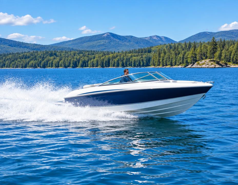 Speedboat running across a bright blue mountain lake