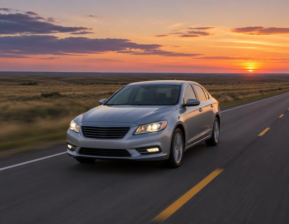 Silver sedan driving on an open prairie highway at dusk
