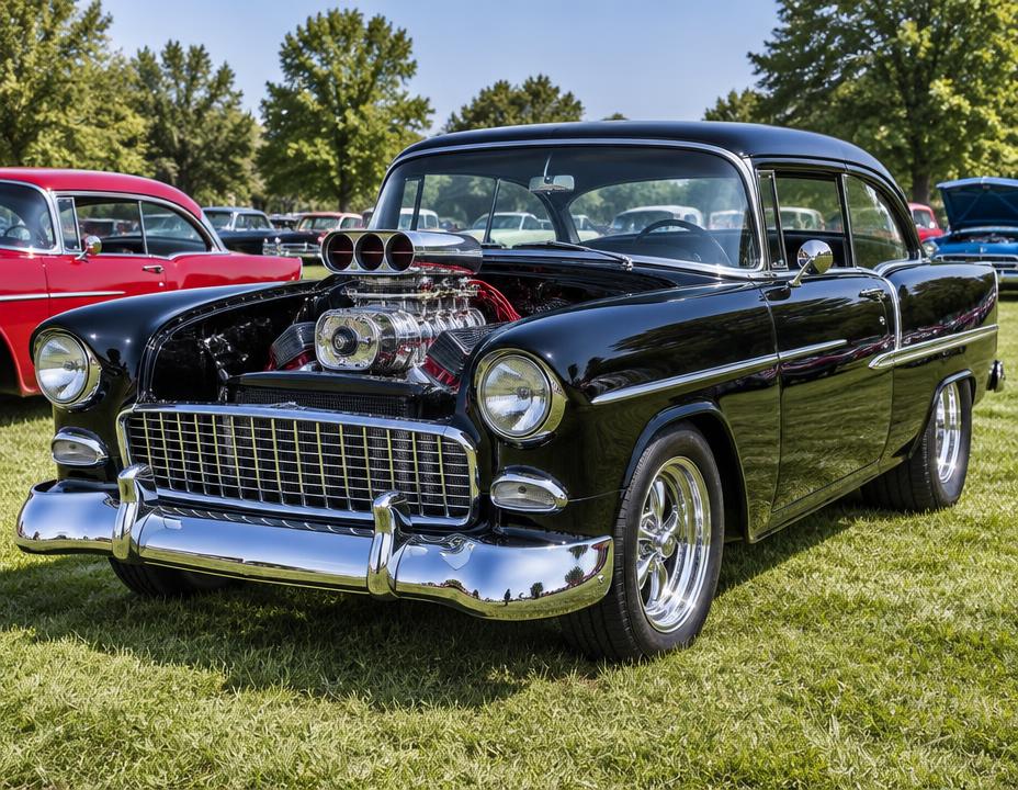 Polished black vintage hot rod parked on grass