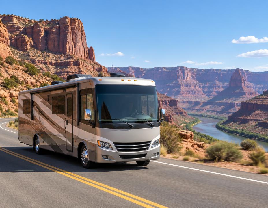 Motorhome traveling on a scenic canyon highway