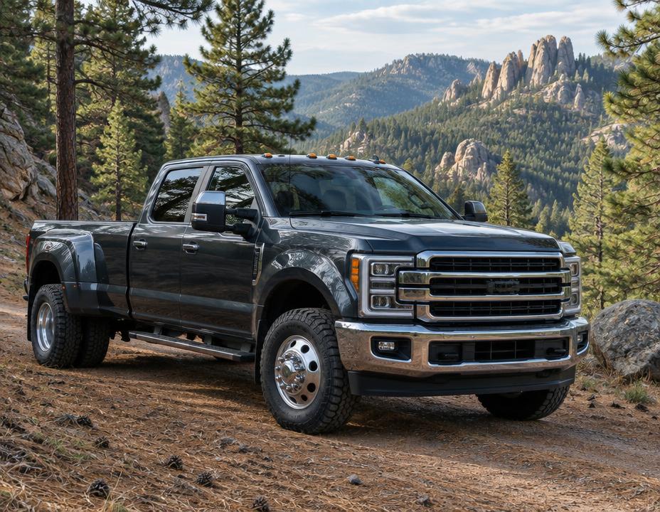 Heavy duty crew cab pickup truck parked on a pine covered mountain road